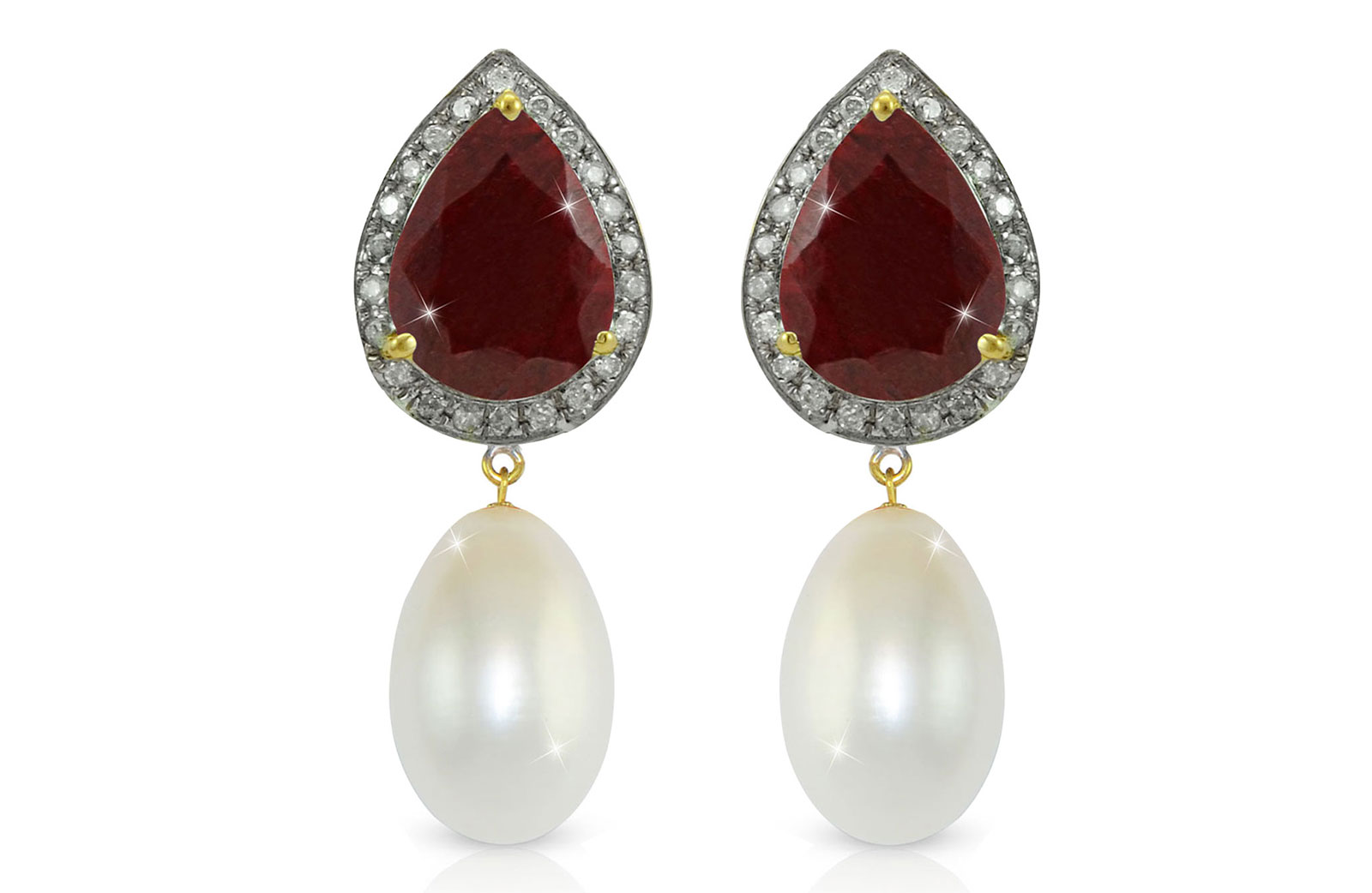 Vera Perla 18K Gold 0.24ct Diamonds, Royal Indian Ruby and 13mm Pearl Earrings